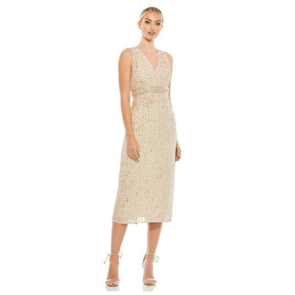 FLAW - NWT Mac Duggal Sequined Sleeveless V-Neck Midi Sheath Dress Nude 4 #9851 - Picture 1 of 14